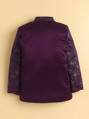 boys wine satin embroidered sherwani trouser set with waistcoat 2