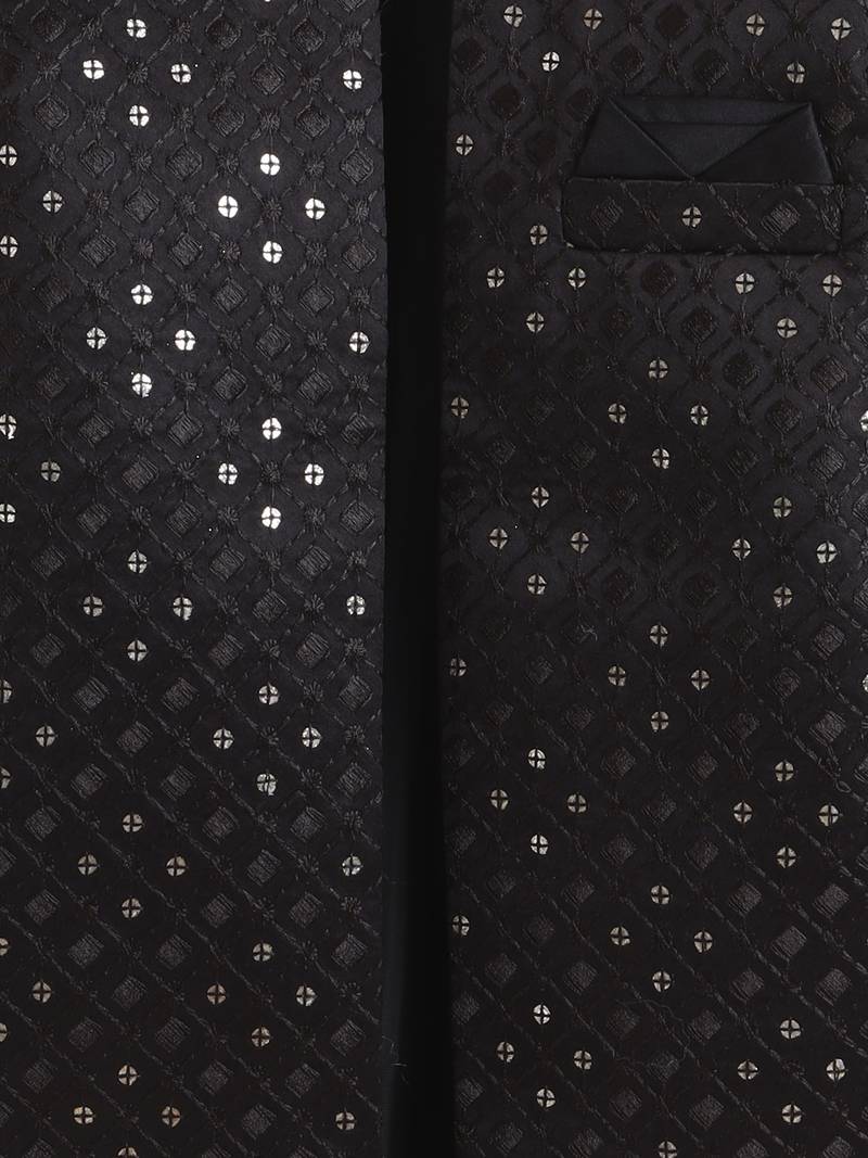 boys black satin geometric embroidered sherwani trouser set