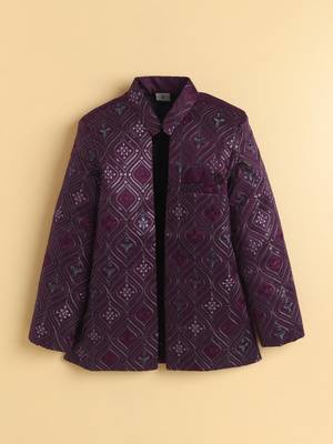boys wine satin embroidered sherwani trouser set with waistcoat 3