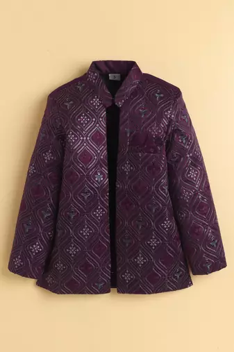boys wine satin embroidered sherwani trouser set with waistcoat