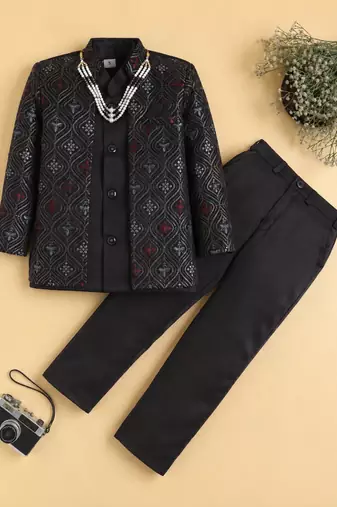 boys black satin embroidered sherwani trouser set with waistcoat
