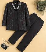 boys black satin embroidered sherwani trouser set with waistcoat