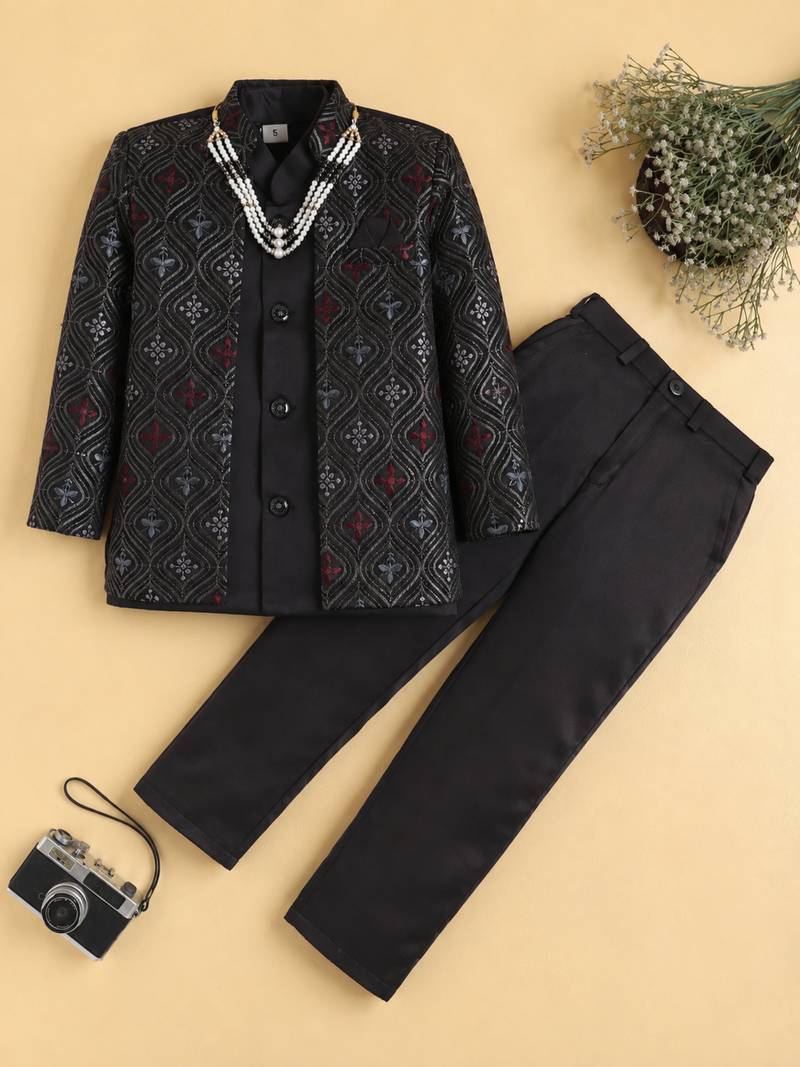 boys black satin embroidered sherwani trouser set with waistcoat
