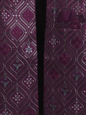 boys wine satin embroidered sherwani trouser set with waistcoat 4