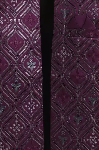 boys wine satin embroidered sherwani trouser set with waistcoat