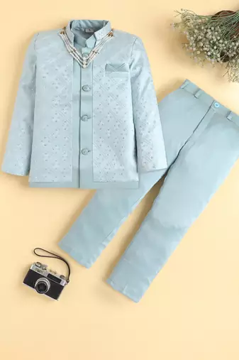 boys blue satin embroidered sherwani trouser set with waistcoat