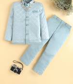 boys blue satin embroidered sherwani trouser set with waistcoat