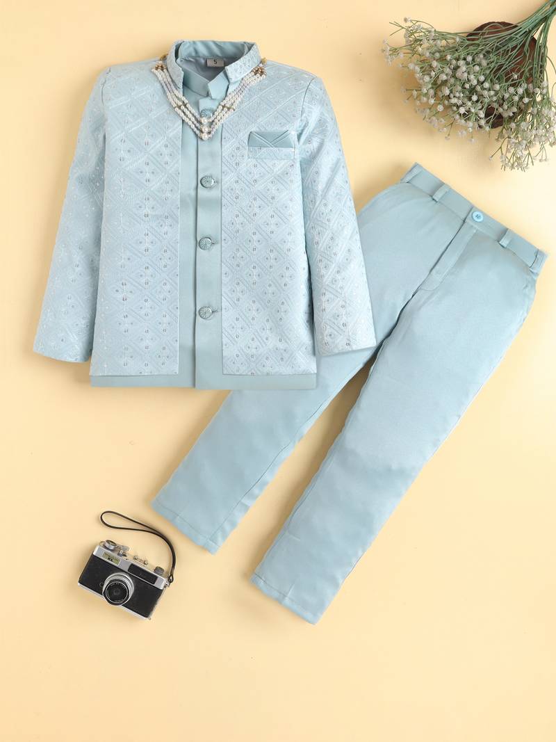 boys blue satin embroidered sherwani trouser set with waistcoat