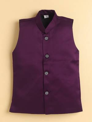 boys wine satin embroidered sherwani trouser set with waistcoat 5