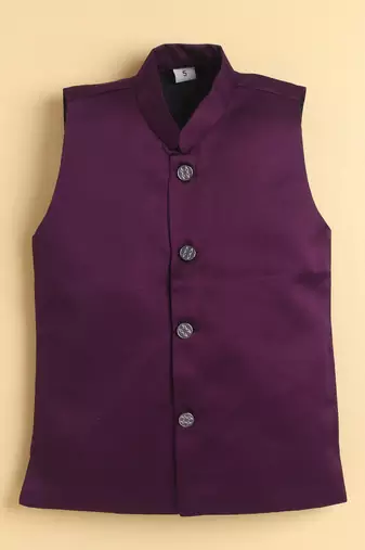 boys wine satin embroidered sherwani trouser set with waistcoat