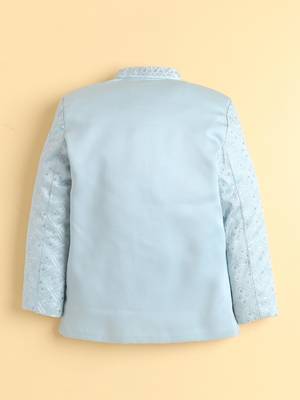 boys blue satin embroidered sherwani trouser set with waistcoat 2