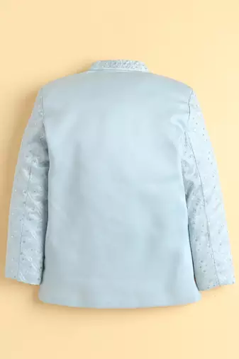 boys blue satin embroidered sherwani trouser set with waistcoat