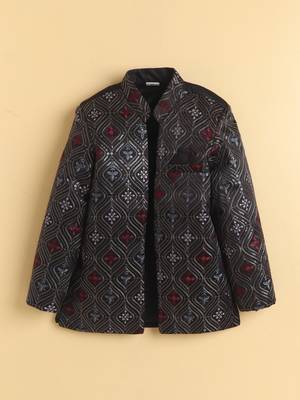 boys black satin embroidered sherwani trouser set with waistcoat 3
