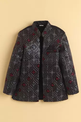 boys black satin embroidered sherwani trouser set with waistcoat
