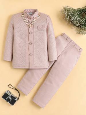 boys peach satin embroidered sherwani trouser set with waistcoat 1