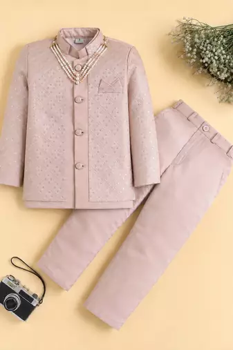 boys peach satin embroidered sherwani trouser set with waistcoat