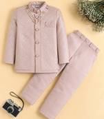 boys peach satin embroidered sherwani trouser set with waistcoat