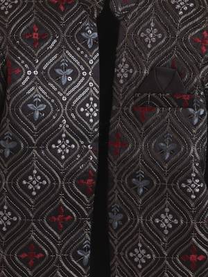 boys black satin embroidered sherwani trouser set with waistcoat 4