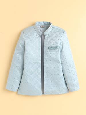 boys blue satin embroidered sherwani trouser set with waistcoat 3