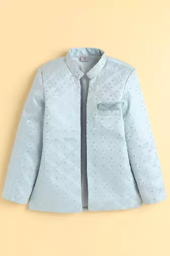 boys blue satin embroidered sherwani trouser set with waistcoat