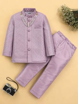 boys mauve satin embroidered sherwani trouser set with waistcoat 1