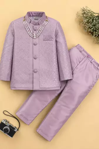 boys mauve satin embroidered sherwani trouser set with waistcoat