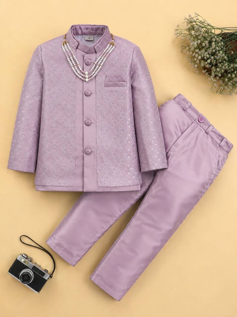 boys mauve satin embroidered sherwani trouser set with waistcoat