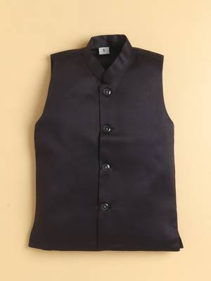 boys black satin embroidered sherwani trouser set with waistcoat 5