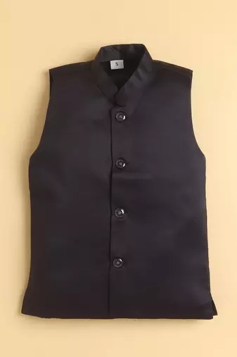 boys black satin embroidered sherwani trouser set with waistcoat
