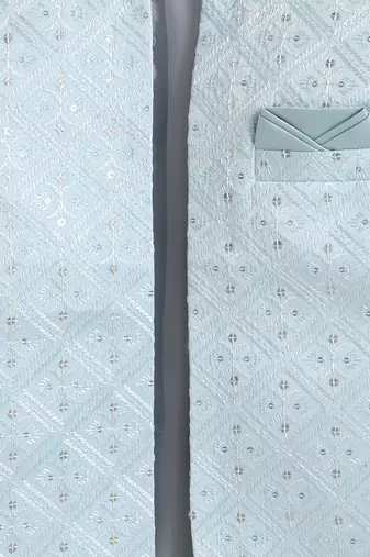 boys blue satin embroidered sherwani trouser set with waistcoat