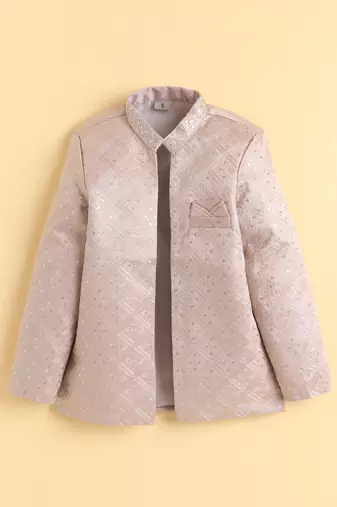 boys peach satin embroidered sherwani trouser set with waistcoat
