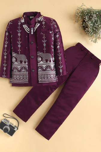 boys wine satin embroidered sherwani trouser set with waistcoat