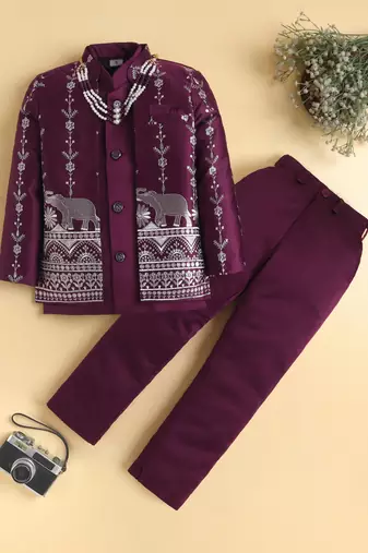 boys wine satin embroidered sherwani trouser set with waistcoat