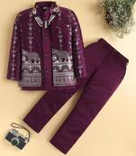 boys wine satin embroidered sherwani trouser set with waistcoat