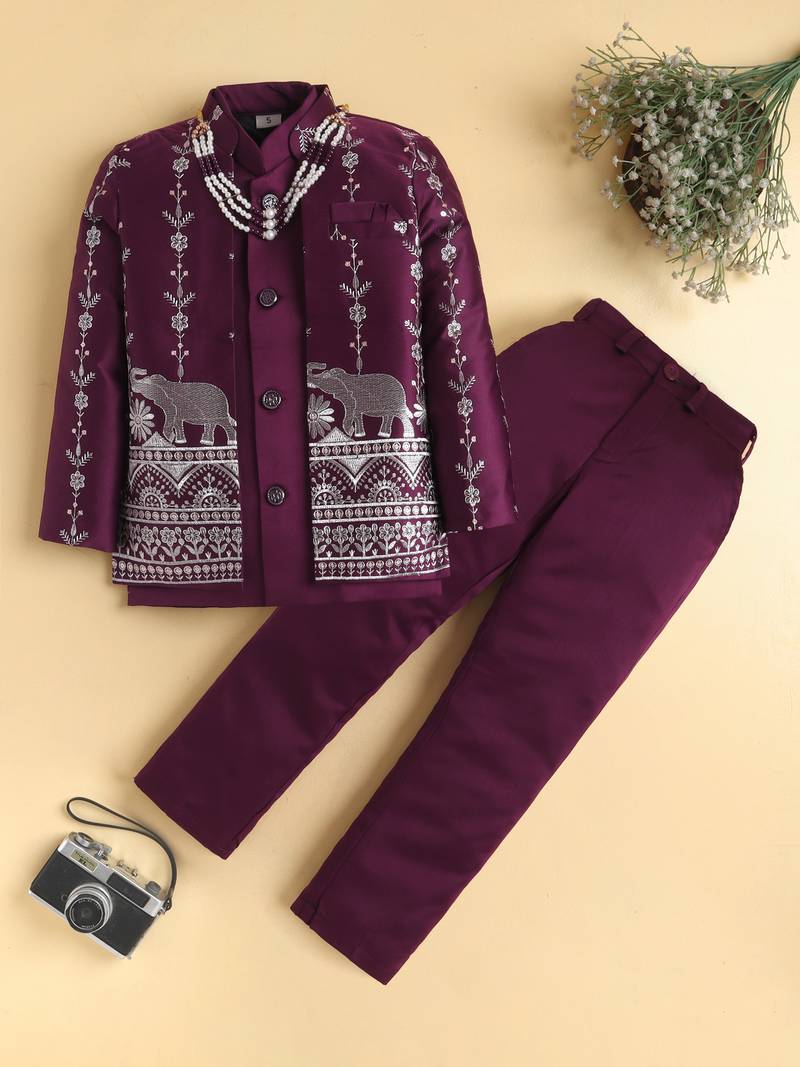 boys wine satin embroidered sherwani trouser set with waistcoat
