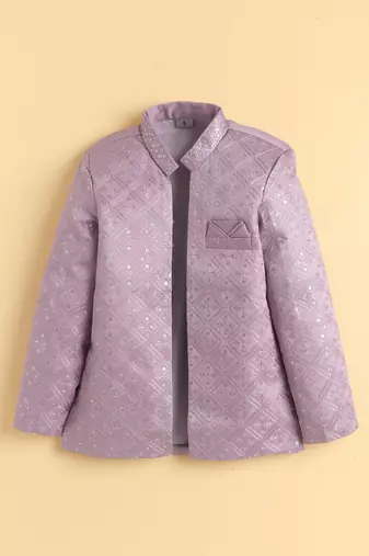 boys mauve satin embroidered sherwani trouser set with waistcoat