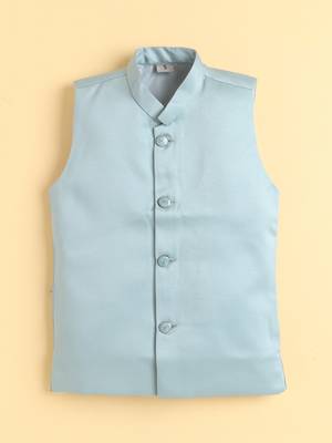 boys blue satin embroidered sherwani trouser set with waistcoat 5