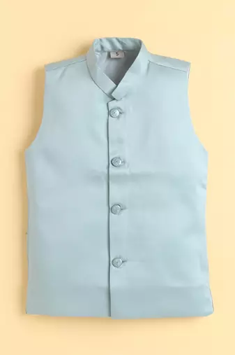 boys blue satin embroidered sherwani trouser set with waistcoat