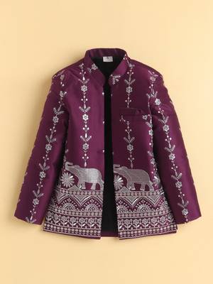 boys wine satin embroidered sherwani trouser set with waistcoat 2