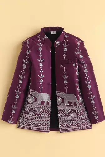 boys wine satin embroidered sherwani trouser set with waistcoat