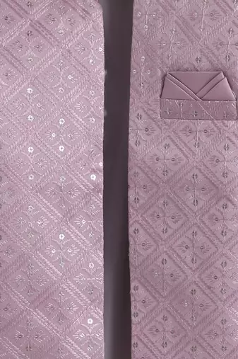 boys mauve satin embroidered sherwani trouser set with waistcoat