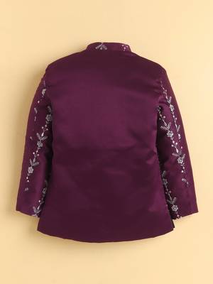 boys wine satin embroidered sherwani trouser set with waistcoat 3