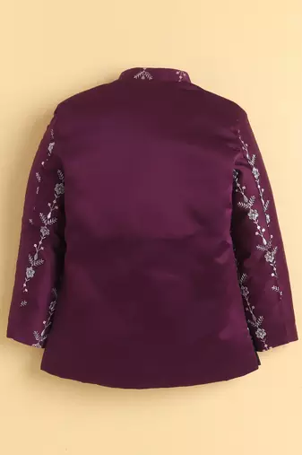 boys wine satin embroidered sherwani trouser set with waistcoat