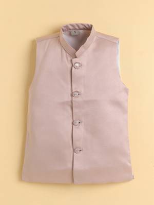 boys peach satin embroidered sherwani trouser set with waistcoat 5