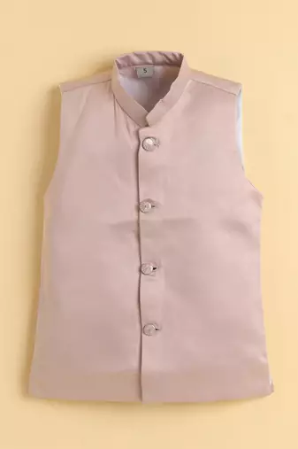 boys peach satin embroidered sherwani trouser set with waistcoat