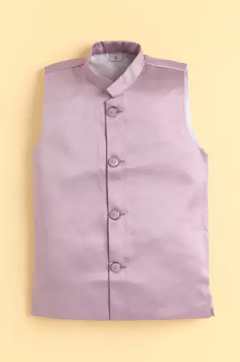 boys mauve satin embroidered sherwani trouser set with waistcoat