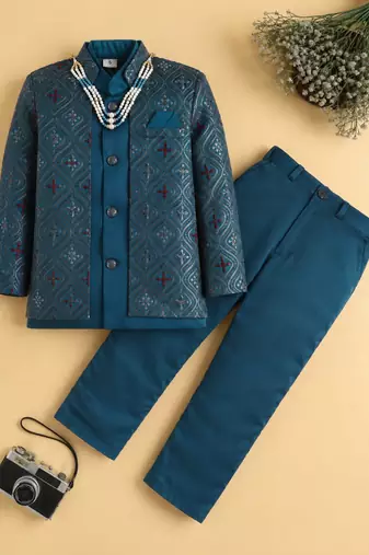 boys blue satin embroidered sherwani trouser set with waistcoat