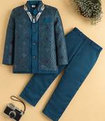 boys blue satin embroidered sherwani trouser set with waistcoat