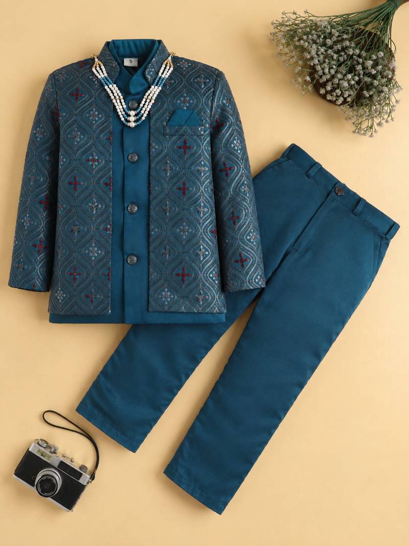 boys blue satin embroidered sherwani trouser set with waistcoat