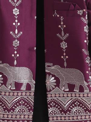 boys wine satin embroidered sherwani trouser set with waistcoat 4